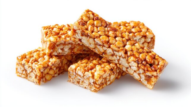 Crunchy peanut chikki bars isolated on white background, traditional sweet snack, jaggery candy, energy food, homemade dessert, minimal style food photography