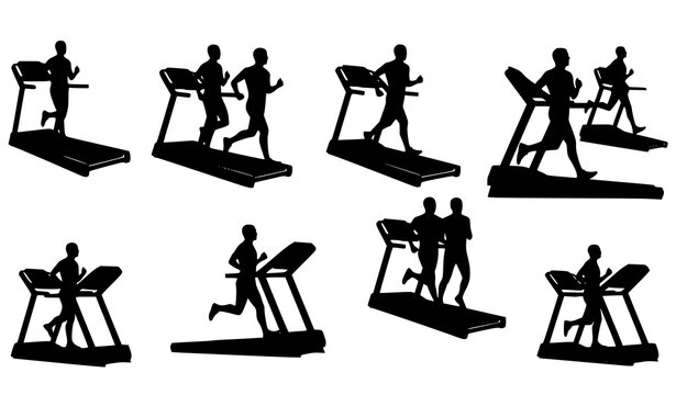 Dynamic treadmill running silhouettes with perspective layout fitness training vector illustration