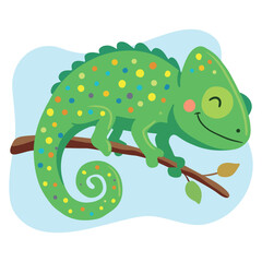 Fototapeta premium Happy Green Chameleon with Colorful Polka Dots Pattern on a Tree Branch