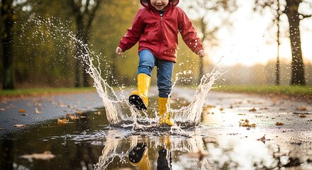 Fototapeta premium Child playing in puddle on road.