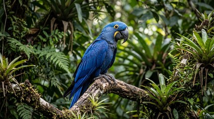 Naklejka premium Bird sits on a branch among green plants in a tropical forest during daylight hours in a natural setting