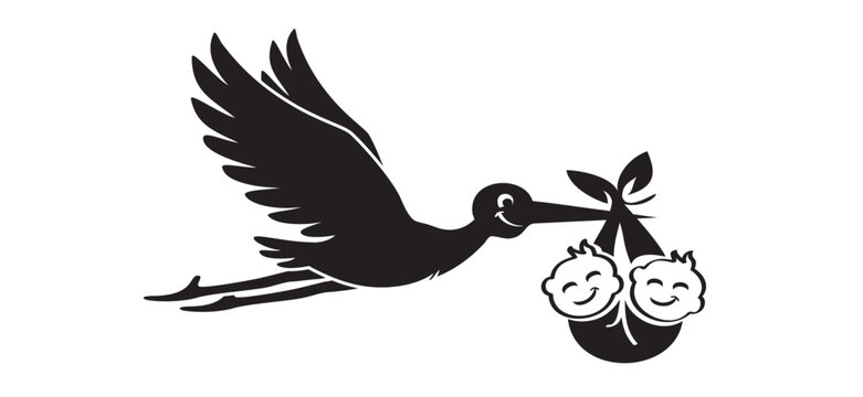 Twins. Flying stork brings a baby drawing. Stork holding a baby basket. Newborn baby girl or boy. cartoon bird. Stork flying in the sky. Stork carrying a baby silhouette. Kids concept. Welcome twins i