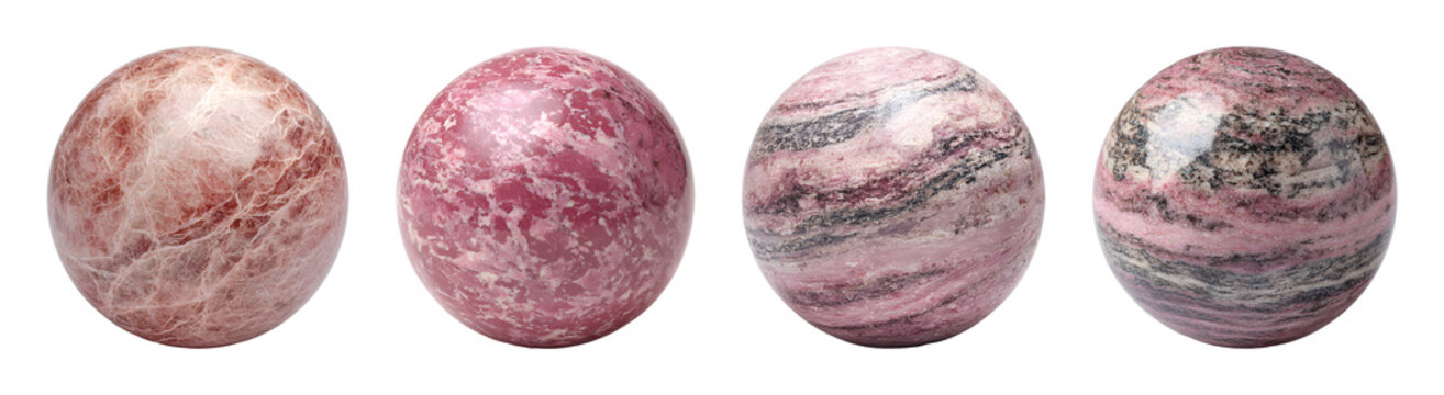 Polished Rhodonite Mineral Stone Spheres Collection PNG Set Isolated on Transparent Background