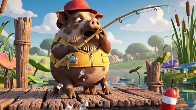 Cartoon Wild Boar Fishing with Rod in Nature Funny Animated Animal Scene