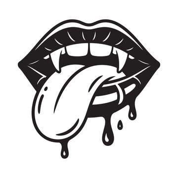 Black and white illustration of vampire lips with fangs and tongue out