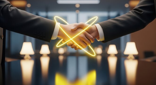 Business partnership handshake with glowing yellow neon lines in modern office