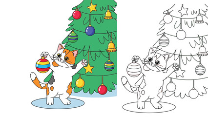 Obraz premium Cute cartoon cat decorating a Christmas tree. Colored illustration and black and white line art coloring book page for kids.