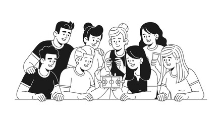 Diverse group of happy people gathered together, smiling and looking at a smartphone displaying a soccer field, suggesting shared excitement, community, and sports enthusiasm with © FlatOnly
