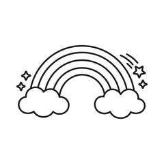 Simple black and white illustration of a rainbow with clouds and stars © ariyan