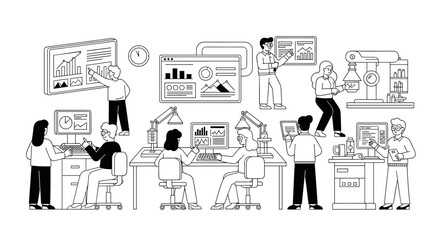 Obraz premium Diverse team members collaborating in a modern office setting, analyzing charts and data on computer screens and large displays, utilizing technology for business growth and