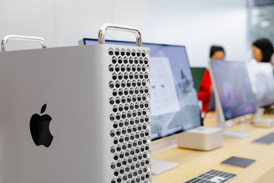 Guangzhou, China - December 31, 2025: iMac Pro on security stands in retail store