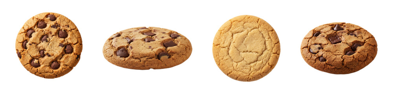 set of delicious chocolate chip cookies and plain butter biscuits isolated on transparent background top view and side angle shots for bakery advertising food menu and dessert graphics pack