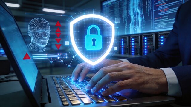 Cybersecurity concept showing digital lock shield protecting data from AI threats in server room business professional typing on laptop with biometric face scan interface and