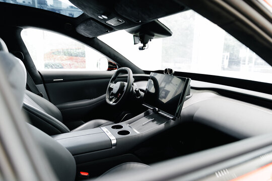 Guangzhou, China - December 22, 2025: interior exterior of black leather of electric crossover xiaomi car YU7 in showroom