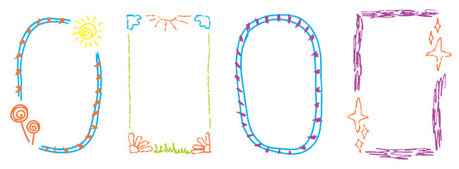 Obraz na płótnie Canvas Minimal childish doodle frames with soft colors and rough pencil texture. Crayon kindergarten frame set for baby photos, diplomas and children design.