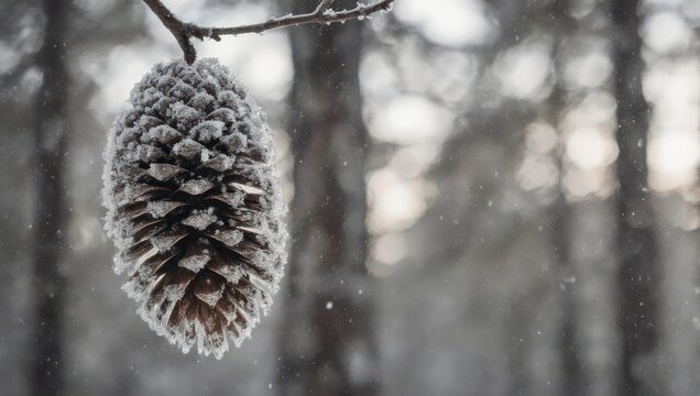 Snow-covered pine cone hanging from a branch in a winter forest.