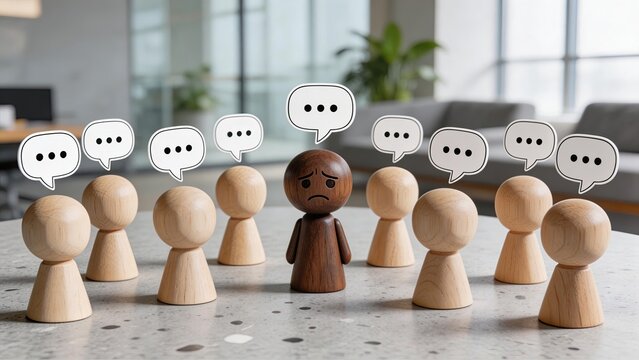 Sad wooden doll surrounded by group with speech bubbles concept of bullying exclusion social isolation loneliness depression anxiety mental health issue discrimination peer