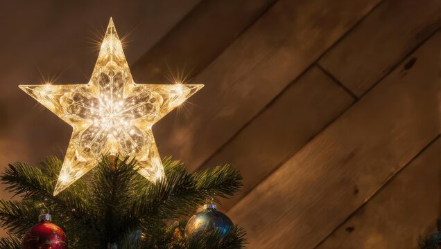 Illuminated Star Topper on Christmas Tree with Rustic Wood Background.