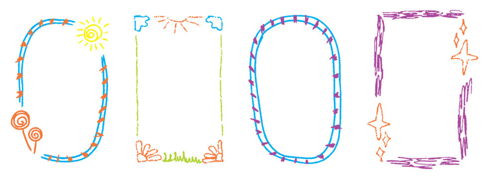 Minimal childish doodle frames with soft colors and rough pencil texture. Crayon kindergarten frame set for baby photos, diplomas and children design.