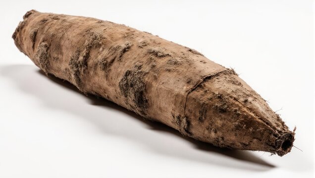 Single raw beetroot with rough skin on a white surface.