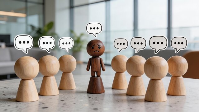 Sad wooden figurine stands alone among a crowd of indifferent figures with speech bubbles symbolizing loneliness social isolation bullying exclusion depression and the struggle