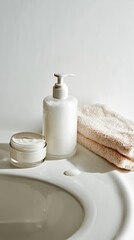 Fototapeta premium Minimal kid skincare, Tween skincare product set on bathroom sink gentle clean packaging natural light
