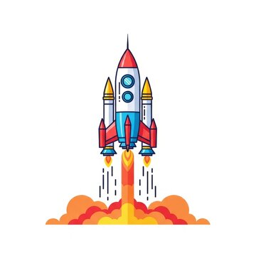 Rocket launch flat vector illustration isolated on white background. Space rocket blasting off with fire and smoke suitable for space, startup, and innovation concepts.