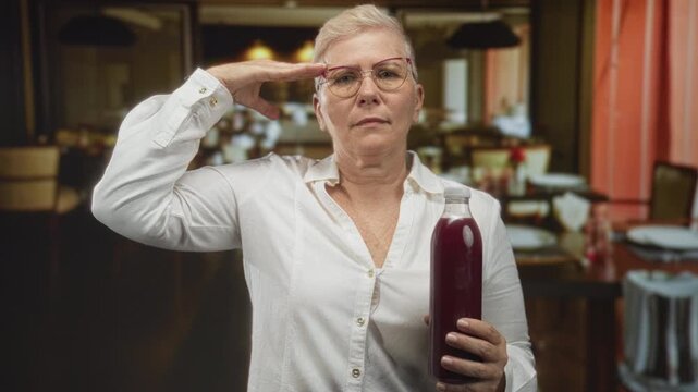 Woman in white shirt and glasses holding a bottle and saluting with right hand in a restaurant building; pride resilience solidarity.