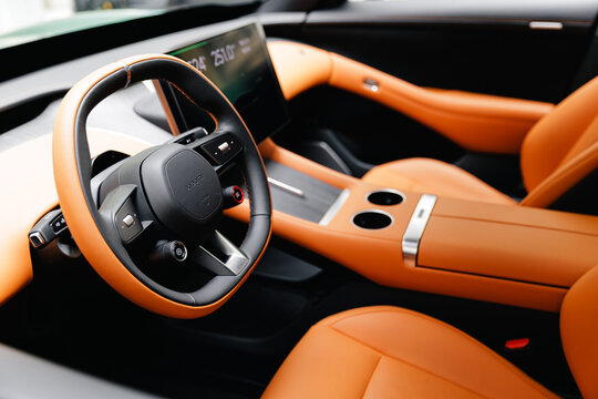 Guangzhou, China - December 22, 2025: interior exterior of brown leather of electric crossover xiaomi car YU7 in showroom
