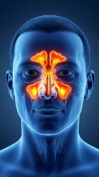Nasal Sinuses Anatomy: Detailed medical illustration showcasing the nasal sinuses anatomy within a man's head, highlighting the frontal, ethmoid, maxillary, and sphenoid sinuses. 