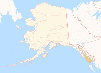 Obraz premium Map of the County Prince of Wales-Hyder (Alaska, US) showing the Federal State with the highlighted County