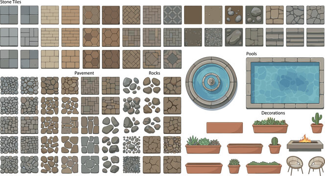 Stone tiles and pavement textures set, garden landscaping assets with fountain pool and outdoor decorations, top view game floor patterns on transparent background