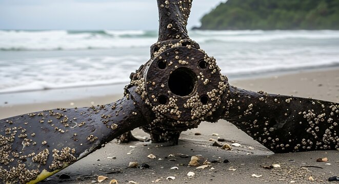rusty world war 2 airplane propeller on sandy beach