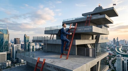Naklejka premium A businessman in a blue suit climbs a red ladder on the rooftop of a modern multi-level building with a cityscape in the background at sunset