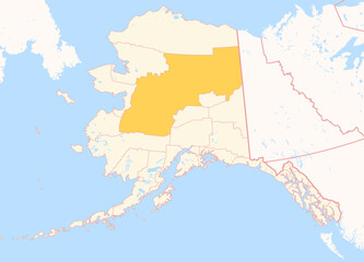 Obraz premium Map of the County Yukon-Koyukuk (Alaska, US) showing the Federal State with the highlighted County