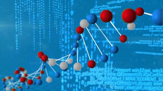 Animation of dna and scientific data processing on blue background