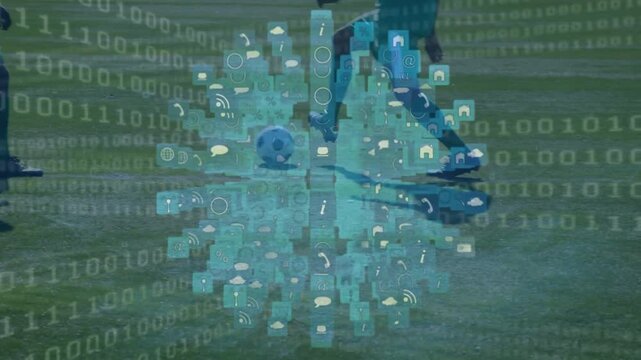 Animation of binary code and globe made of icons over legs of diverse male soccer players