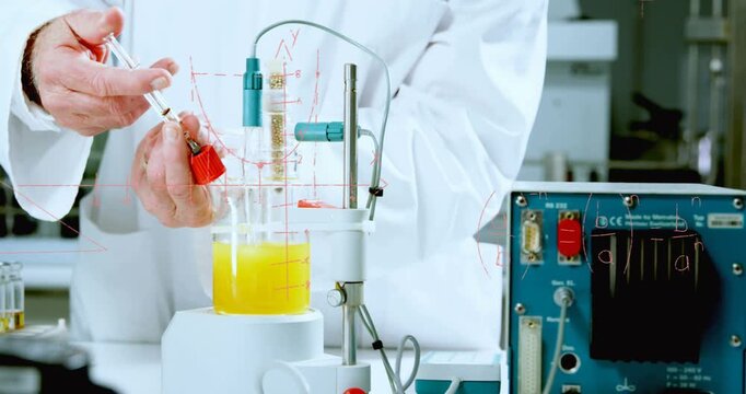 Animation of mathematical equations over caucasian male scientist in lab