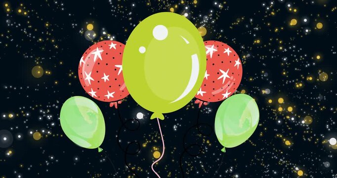Animation of balloons floating over black background with dots