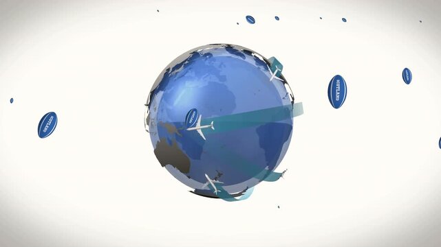 Animation of rugby balls with scotland text over globe on white background