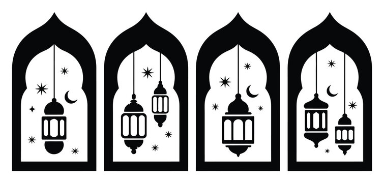 Islamic Arches with Hanging Lanterns, Crescent Moon, and Stars