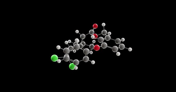 Permethrin molecule, rotating 3D model of insecticide, looped video on a black background
