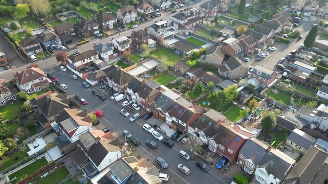 Urban Drone Flight Above Streets of British City and Town of England Great Britain. Drone Mounted Wide Angle Camera Footage Was Captured During Cold Day of 8th April, 2026. 