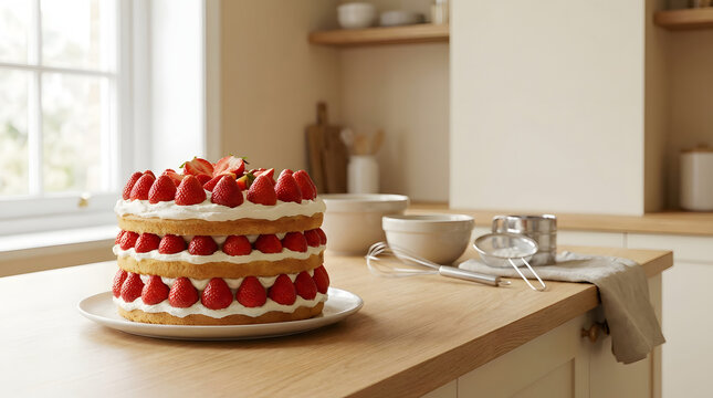 A completed strawberry layer cake stands on a kitchen table in natural light, styled as a homemade dessert with copy space around it
