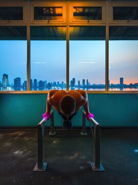 Muscular Shirtless Man Performing Dips on Parallel Bars in a Gym with City Skyline View at Twilight for Intense Fitness Motivation and Strength Training Campaign