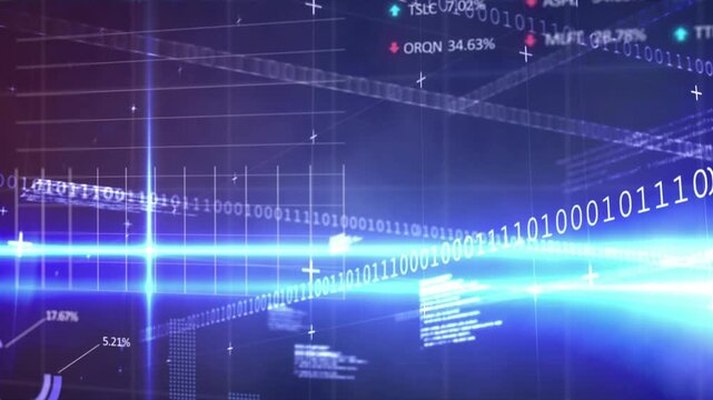 Animation of programming language, binary codes and trading board, graphs with lens flare