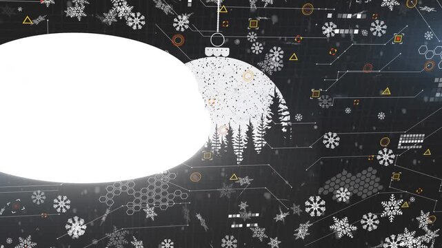 Animation of abstract pattern with coniferous tree in hanging showpiece and falling confetti