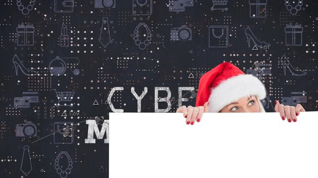 Animation of caucasian woman wearing santa hat over cyber monday text and data processing