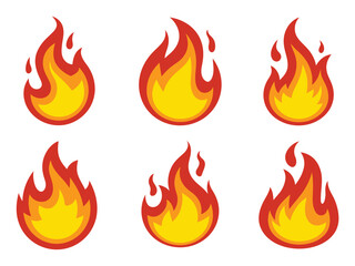 Six Stylized Fire in Red and Yellow on White Background © Sultana