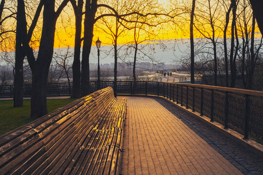 Beautiful park at sunrise time on Volodymyrska girka park in Kyiv, Ukraine
